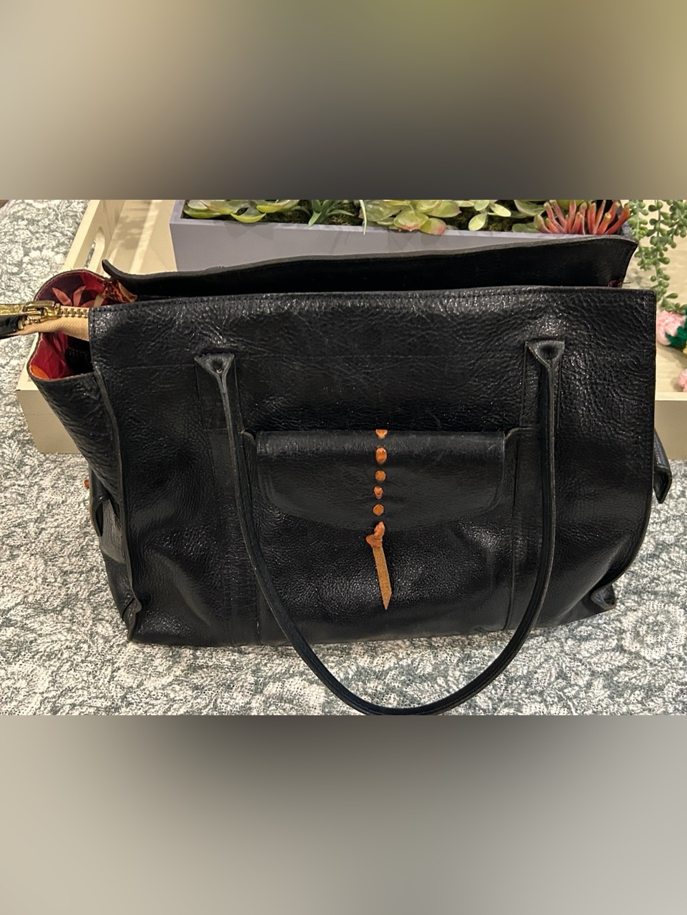 Beth Springer Black Tote Bag with Contrast Stitching